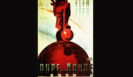1938: Vom Turnier in Frankreich hat nur das offizielle Plakat als Bild überlebt. Im Finale schlug Italien die Ungarn mit 4:2
