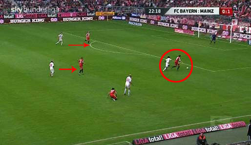 Karhan ist schneller auf den Beinen als Pranjic, die anderen Bayern-Spieler sind zugestellt, Allagui presst aggressiv. Bleibt für Badstuber nur der Rückzug