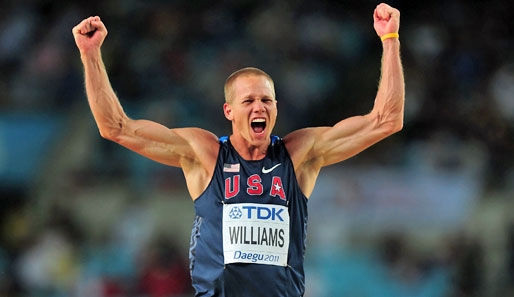 Den Sieg holte erstmals seit 20 Jahren ein US-Amerikaner. Jesse Williams schreit nach übersprungenen 2,35 Metern seine ganze Freude raus
