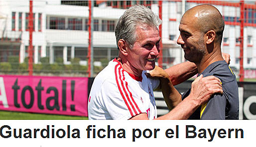 "El Mundo Deportivo" hat ein herzliches Jupp/Pep-Bild und titelt: "Guardiola unterschreibt bei Bayern"