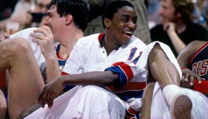 PLATZ 1: Dreifache Verlängerung, insgesamt 370 Punkte: Isiah Thomas hatte mit den Detroit Pistons am 13. Dezember 1983 sichtlich Spaß, als sie die Denver Nuggets mit 186:184 besiegten
