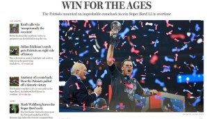 USA - Boston Globe: Los geht's mit den strahlenden Siegern. "Ein Sieg für die Ewigkeit" schreibt der Boston Globe, und hat sich bei der Bildauswahl natürlich für Brady entschieden