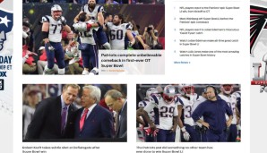 FOX: Die Kollegen von Fox listen derweil alle Fakten auf - "Patriots gelingt unglaubliches Comeback in der ersten Super-Bowl-Overtime aller Zeiten". Darunter: Ein (hoffentlich) letztes Mal Deflate Gate