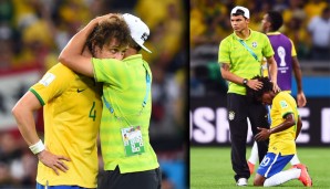 Thiago Silva musst das Desaster gesperrt vom Spielfeldrand verfolgen - und war danach als Tröster gefragt für David Luiz (l.) und Dante