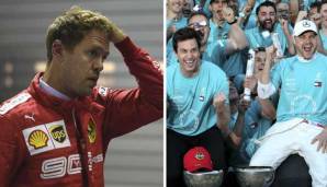 Ungleiche Bilder: Während Mercedes den sechsten Konstrukteurs-Weltmeistertitel feiert, schaut Sebastianb Vettel erneut in die Röhre.