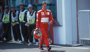 GP von Frankreich: Wieder einmal sicherte sich Schumacher die Pole Position. Im Rennen dagegen fand der Ferrari nicht die Pace aus den Trainings und hatte Probleme mit den Reifen. Am Ende musste er seinen Boliden aufgrund eines Motorschaden abstellen.