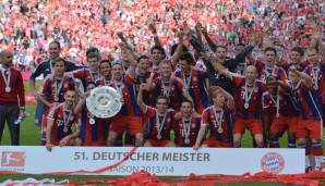 2013/14: Tabellenführer FC Bayern München (62 Punkte, 61:9 Tore) - 19 Punkte Vorsprung auf Bayer Leverkusen (39:25 Tore). Meister: FC Bayern München