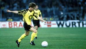 1992/93: FRANK MILL (von 1986 - 1994 beim BVB). Der Weltmeister von 1990 erzielte 66 Tore in 228 Spielen für den BVB. Unvergessen sein Pfostenschuss aus kurzer Distanz gegen Bayern aufs leere Tor bei seinem ersten BVB-Spiel 1986.
