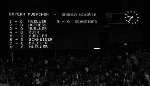 Platz 2 - Europapokal der Landesmeister, Achtelfinal-Hinspiel (24. Oktober 1972): FC Bayern - Omonia Nikosia 9:0.