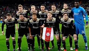 Die Ajax-Elf, die in Madrid gewann. Hinten, von l. n. r.: Matthijs de Ligt, Donny van de Beek, Noussair Mazraoui, Dusan Tadic, Daley Blind, Andre Onana. Vorne, von l. n. r.: Lasse Schone, Hakim Ziyech, David Neres, Frenkie de Jong, Nicolas Tagliafico.