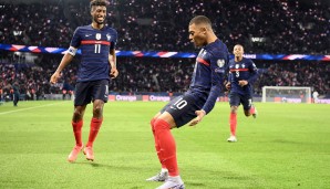 Kylian Mbappe (Frankreich) beim 8:0-Sieg der Equipe Tricolore in der WM-Quali gegen Kasachstan am 14. November 2021. Der PSG-Star drehte richtig auf. Erst der lupenreine Hattrick in Halbzeit 1, dann noch ein Assist und ein weiteres Tor. Die 10? Verdient.