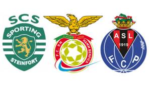 Die Wappen von Sporting Steinfort, Hamm Benfica und dem FC AS Luxemburg/Porto.