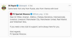 Rapid Wien und Spartak Moskau bieten Fans der zwölf Top-Klubs eine neue "Fußball-Heimat" an, sollten sich diese durch den Vorstoß ihres eigenen Klubs weiter vom Fußball entfremdet fühlen. "Liebesgrüße aus Wien!"