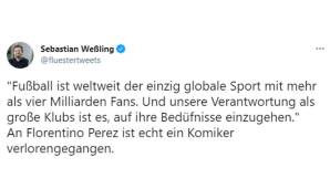 Sebastian Weßling (BVB-Reporter bei den Funkemedien WAZ, NRZ, WP) kritisiert einen der Hauptsprecher der zwölf Super-League-Klubs, Real Madrids Präsident Florentino Perez.