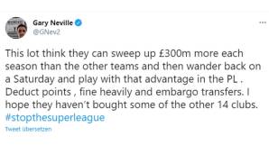 Gary Neville (Manchester-United-Legende und TV-Experte bei Sky) in einer Wutrede: "Ich bin angewidert. Besonders von United und Liverpool. Liverpool der Klub der Armen, der Klub des Volkes. United, Klub der Arbeiter. Das ist eine Schande!"