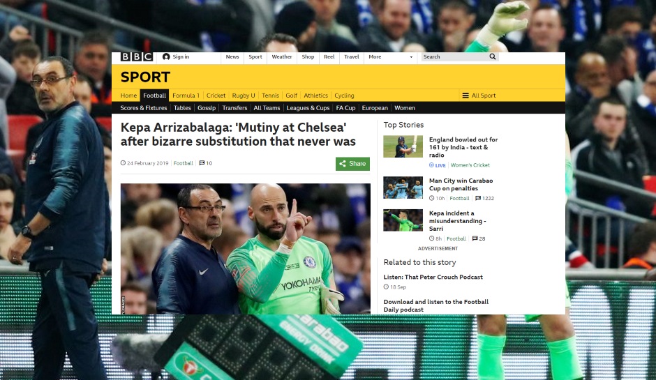BBC (England): "Meuterei bei Chelsea nach bizarrer Auswechslung, die niemals vollzogen wurde"