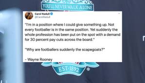 "Ich bin in einer Position, in der ich etwas abgeben könnte. Aber plötzlich wird der gesamte Beruf unter Zugzwang gebracht, auf 30 Prozent des Gehalts zu verzichten. Warum sind die Fußballer plötzlich die Sündenböcke?", klagt Rooney.