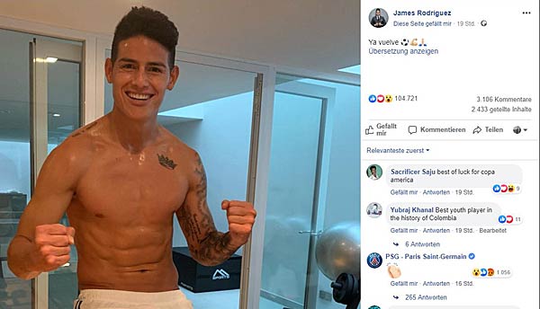 James Rodriguez postet auf Facebook ein Bild von sich, unter das der offizielle Account von PSG kommentiert.