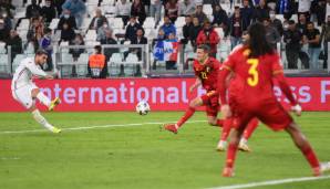 Theo Hernandez, Bruder von Bayern-Star Lucas, nimmt Maß und erzielt das 3:2 zum Sieg Frankreichs gegen Belgien.