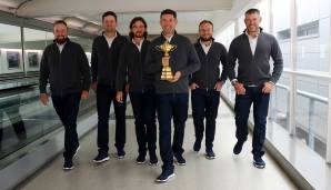Team Europa (v. l.: Shane Lowry, Bernd Wiesberger, Tommy Fleetwood, Padraig Harrington, Tyrrell Hatton, Lee Westwood) geht als Titelverteidiger in den Ryder Cup 2021.