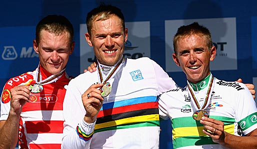 Stand bei der letzten Straßen-WM 2010 ganz oben auf dem Podium: Thor Hushovd (M.)