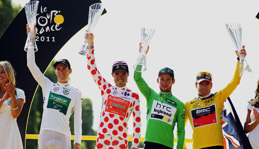 Die Gewinner 2011: Pierre Rolland, Samuel Sanchez, Mark Cavendish und Cadel Evans (v.l.n.r.)