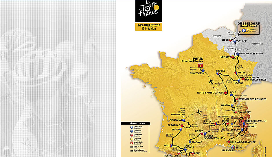 Von Düsseldorf über Troyes, Perigueux und Marseille bis nach Paris - die Etappen der Tour de France 2017 im Überblick