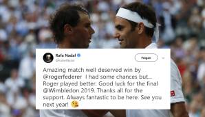 Nadal gratulierte wie der faire Sportsmann, der er ist. Und drückt Federer im Finale gegen den Djoker die Daumen.
