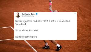 "Novak Djokovic hatte in einem Grand-Slam-Finale bisher noch nie einen Satz 6:0 verloren. So viel zu dieser Statistik. Nadal spuckt Feuer." Christopher Clarey (New York Times)