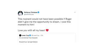 Stefanos Tsitsipas war einer der ersten, der Federer nach dessen Match umarmte. "Dieser Moment wäre nicht möglich gewesen, hätte Roger mir nicht erlaubt zu träumen. Ich liebe dich von ganzem Herzen."