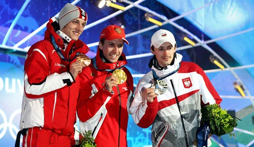 Die Medaillengewinner von der Kleinschanze: Schlierenzauer, Ammann und Malysz (v.l.)