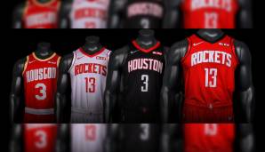 HOUSTON ROCKETS: Houston geht ganz klassisch rot-weiß in zwei verschiedenen Versionen in die neue Saison. Zusätzlich wird Houston in einem rot-goldenen und einem schwarzen Trikot auflaufen. Neu ist unter anderem der etwas veränderte Rockets-Schriftzug.
