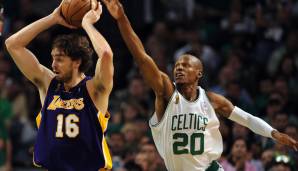 Platz 7: PAU GASOL | Team: Los Angeles Lakers | Plus/Minus: -28 in 32 Minuten in Spiel 6 der NBA Finals 2008 gegen die Boston Celtics (92:131)