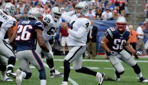 Patriots vs. Raiders 16:9 (2014): Derek Carr (21/34, 174 YDS) stand kurz davor, den Bann zu brechen. Er führte die Raiders wenige Minuten vor dem Ende an die 6-Yard-Line - wo seine Interception das Spiel aber beendete.