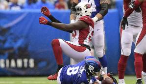 Chandler Jones, Edge, Cardinals. 4 Sacks, darunter ein Strip-Sack, nach welchem er sich den Fumble selbst sicherte: Jones steht 2019 bei 8,5 Sacks und war der individuelle Hauptgrund dafür, dass Arizona die Führung bei den Giants über die Zeit rettete