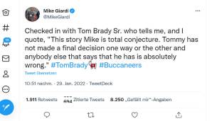 Dann die Wende. NFL-Insider Mike Giardi zitierte Bradys Vater folgendermaßen: "Diese Geschichte ist reine Spekulation. Tom hat noch keine endgültige Entscheidung getroffen, und jeder, der das behauptet, liegt absolut falsch."