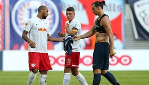 Terrence Boyd (l.) traf kürzlich beim 4:2-Testspielsieg Leipzigs gegen Zlatan Ibrahimovic' PSG