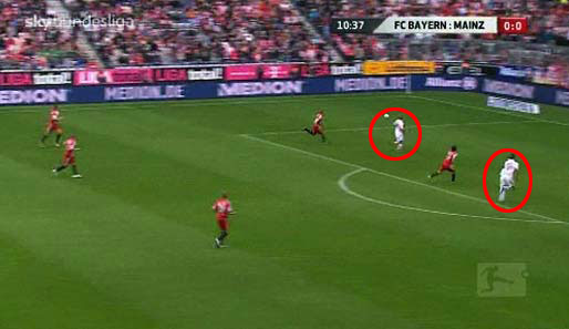 Plötzlich stehen zwei Mainzer vor dem Bayern-Tor. Als Allagui sich kurz zum Ball orientierte, suchte Szalai (rechter Kreis) den langen Weg und ist nun mit Holtby in aussichtsreicher Position