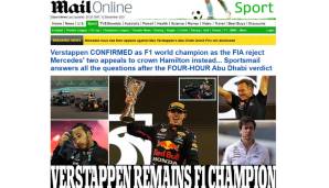 Daily Mail: "Verstappen als Formel-1-Weltmeister bestätigt, da die FIA die beiden Einsprüche von Mercedes abweist, stattdessen Hamilton zu küren."