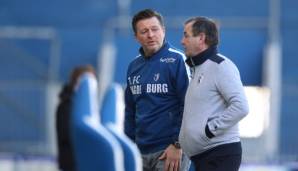 Christian Titz (l.) ist seit Mitte Februar Trainer des 1. FC Magdeburg.