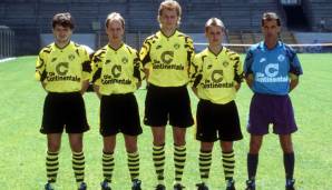 Die BVB-Neuzugänge zur Saison 1991/1992: Stephane Chapuisat, Wolfgang Homberg, Bodo Schmidt, Andreas Tewes und Trainer Ottmar Hitzfeld (von links).