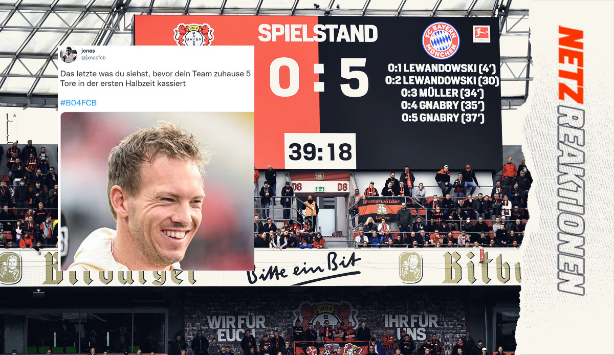 Der FC Bayern zerlegt den Zweiten Bayer Leverkusen im Topspiel am Sonntag schon in der ersten Halbzeit in seine Einzelteile. Zur Pause stand es 5:0, klar dass das nicht spurlos an den Social-Media-Plattformen vorbeigeht. Die besten Netzreaktionen.