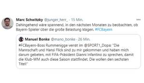 Marc Schwitzky (Sportjournalist für 90Plus und Gründer des Blogs Herthabase) über die Aussage von Rummenigge, dass Mannschaft und Trainer auf ihn zugekommen seien, damit er bei "meinem Freund" Gianni Infantino auf die Austragung der Klub-WM beharrt.