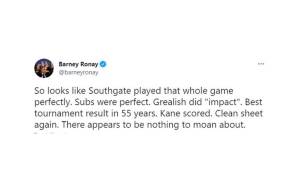 Barney Ronay (Chefreporter im Sport beim Guardian): "Southgate hat das perfekte Spiel gespielt. Auswechslungen waren perfekt, Grealish hatte Impact, bestes Turnier seit 55 Jahren, Kane hat getroffen, wieder zu Null. Nichts zu meckern."