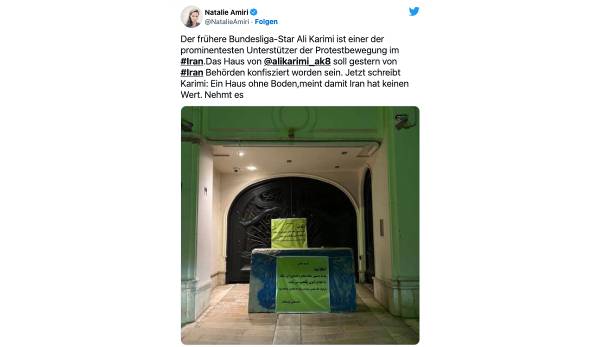 Die ARD-Korrespondentin Natalie Amiri postete auf Twitter ein Foto von einem Haus, das wohl von der Regierung beschlagnahmt wurde. Es habe zuvor Ali Karimi gehört.