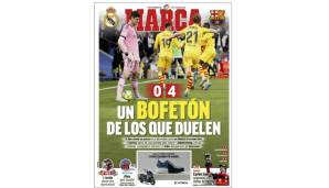 Spanien - Marca: "Barca-Festival im Bernabeu! Barcelona geht in Madrid spazieren. Eine Chordarbietung der Mannschaft von Xavi gegen ein zerbrechliches Madrid, das unfähig ist, den Ball zu halten oder zu erobern und im eigenen Stadion zerfällt."