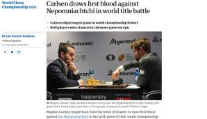 GUARDIAN (England): "Carlsen, der mit den weißen Figuren eine Variante der pseudokatalanischen Eröffnung spielte, entschied sich für 10 Nbd2! und opferte wie schon in den ersten beiden Partien einen Bauern für seinen langfristigen Plan."