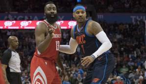 James Harden (l.) und Carmelo Anthony (r.) sind künftig Teammates bei den Houston Rockets.