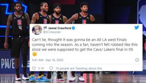 Jamal Crawford (Brooklyn Nets): "Ehrlich gesagt, ich dachte am Anfang der Saison, es würde ein L.A.-West-Final geben. Als Fan hab ich mich nicht mehr so betrogen gefühlt, seit wir eigentlich die Cavs-Lakers-Finals 2009 hätten bekommen sollen."