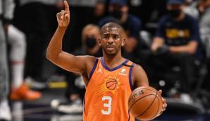 Platz 2: CHRIS PAUL | Team: Phoenix Suns | Alter: 36 | Status: Unrestricted Free Agent | Gehalt 20/21: 41,4 Millionen | Stats 20/21: 16,4 Punkte und 8,9 Assists bei 49,9 Prozent FG und 39,9 Prozent Dreier in 31,4 Minuten (70 Spiele).